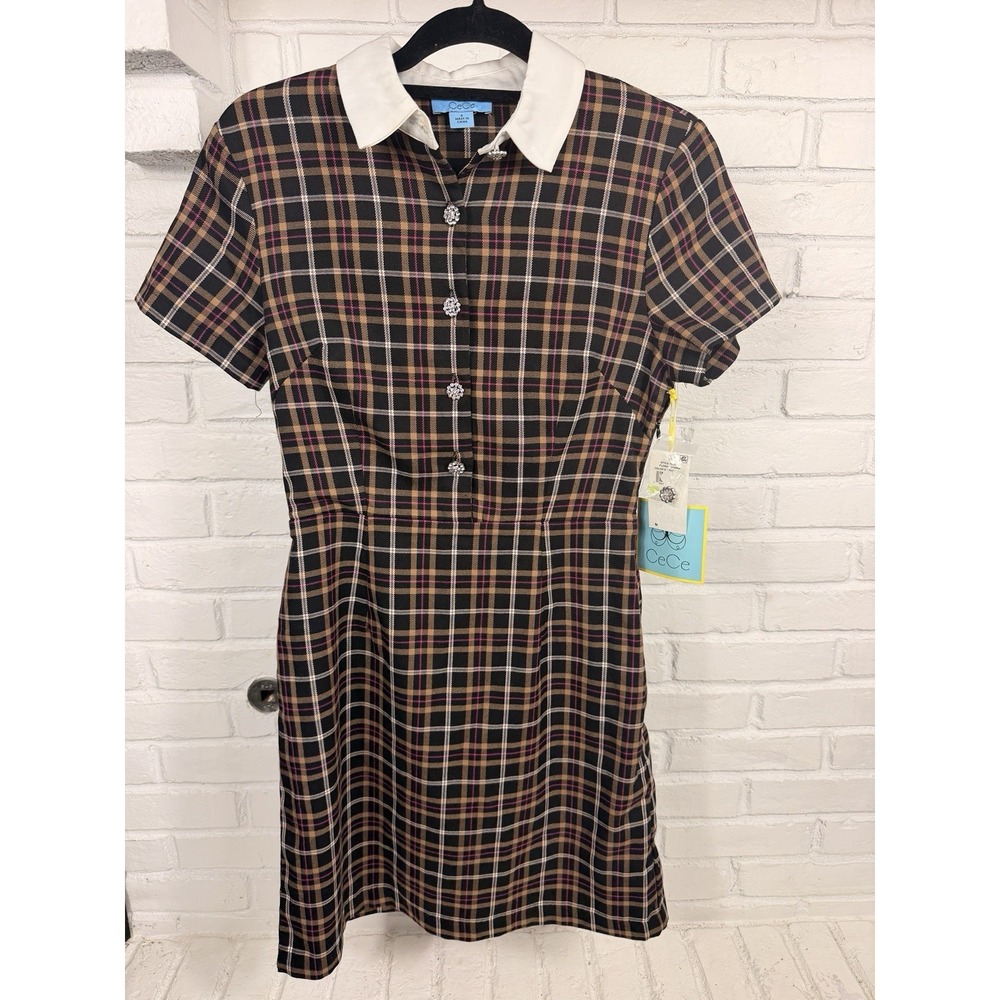 NWT CeCe Plaid Shirt Dress Size 4 Brown Pink Floral Button Collar Midi